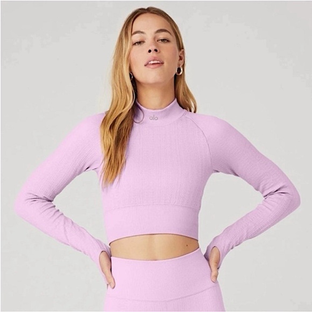 Alo Seamless Cable Knit Long Sleeve Top - Sugarplum Pink (Size Small)